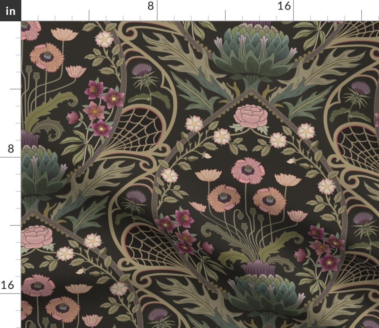 dark moody damask,roses hellebores,artichoke flower,olive green,dusty pink,botanical Custom Printed Fabric by Spoonflower Various Fabrics by the Yard or Fat Quarter